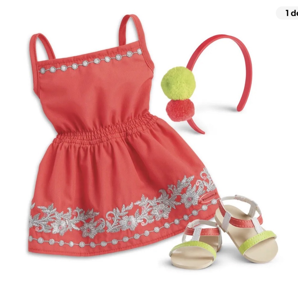 American Girl  Sunny Day Dress Set Coral Red Summer Pom Pom Sandals